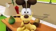 Garfield verkauf Odie, der ihn gerade mal wieder nervt, zu einem Spottpreis auf dem Flohmarkt.