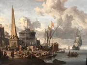 a fortified Mediterranean port with an obelisk and a galley moored nearby