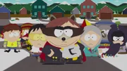 L-R: Jimmy als "Fastpass", Clyde als "Mosquito", Stand als "Toolshed", Eric als "The Coon", Kyle als "Human Kite", Token als "Tupperware", Kenny als "Mysterion"