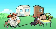 v.li.: Camping Security Guard, Security Guard’s Dog, Mr. Bean