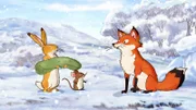 Die kleine Feldmaus und der kleine braune Hase treffen bei ihrem Winterspeziergang auf die kleine Rotfüchsin.