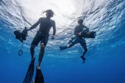 Auf diesem Unterwasserfoto teilen sich das dynamische Duo Patrick Dykstra (links) und Romain Barrats (rechts) das Bild, wobei jeder eine Kamera trägt, die zu einer Erweiterung ihrer Leidenschaft für das Einfangen der Geheimnisse der Tiefe wird.