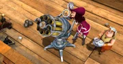 Captain Hook will Peter Pan in der Luft abschießen, um an den Magischen Sextanten zu kommen.