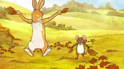 Der kleine braune Hase und die kleine Feldmaus versuchen, wie ein Vogel zu fliegen.
