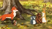 Der kleine braune Hase, das kleine Grauhörnchen, die kleine Feldmaus und die kleine Rotfüchsin spielen Eichelnstapeln.