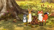 Der kleine braune Hase, das kleine Grauhörnchen und die kleine Rotfüchsin stapeln Eicheln für Grauhörnchens Wintervorrat.