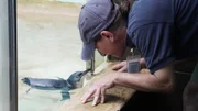 Susan Schmid mit dem kleinen Pinguin JP.