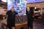 Brett and Wayde in front of the finished tank at Marietta Fish Market.