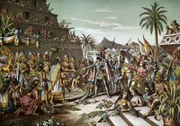 Illustration mit dem Titel „EINTRITT VON CORTEZ IN MEXIKO“ mit Darstellung des ersten Treffens von Hernando Cortes und Montezuma am 8. November 1519. Farblithographie