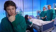 Laura und Malu Sonntag schweben nach einer Pilzvergiftung in Lebensgefahr. Der Zustand der kleinen Malu Sonntag (Philine Steuer, liegend) lässt nach Einschätzung von Dr. Roland Heilmann (Thomas Rühmann, re.) und Dr. Kaminski (Udo Schenk, 2.v.re.) im Moment keine Operation zu. Deshalb wollen sie die Mutter Laura Sonntag operieren. Robert Sonntag (Steffen Schröder, vorn, li.), der mit einer Leberspende nur eine retten kann, ist verzweifelt.