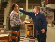 Fight" -- Cheryl and Jim have an evening at home sans kids and decide to stay in and just have dessert for dinner. But Jim's choice of pastries causes a spat which morphs into an all-out food fight. The next day they laugh off the night's argument, Jim is thrilled that they don't seem to have to talk things out. But then Andy, who's out for revenge on Jim for coaxing his kids to play pranks on him, counsels Cheryl to really dissect and analyze her marital arguments, on "According to Jim," TUESDAY, JANUARY 15 (9:00-9:30 p.m., ET), on the ABC Television Network.  (ABC/MICHAEL ANSELL) JIM BELUSHI, LARRY JOE CAMPBELL