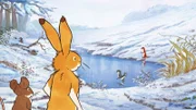 Die Freunde vertreiben sich den Tag mit Eislaufen auf dem zugefrorenen See. Der kleine braune Hase hat das bisher noch nie gemacht.