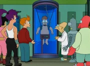 L-R: Amy, Leela, Fry, Cubert, Professor Farnsworth, Bender, Doctor Zoidberg
