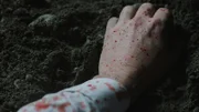 Eine blutige Hand in der Erde.