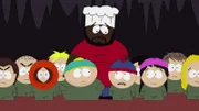 Kyle (3.v.l.), Butters (4.v.l.), Eric (5.v.l.), Chef (m.), Stan (5.v.r.), Wendy (2.v.r.), Bebe (r.)