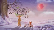 Der kleine Hase, die kleine Feldmaus, das kleine Grauhörnchen, die kleine Rotfüchsin und die kleine Weißeule sehen zusammen mit dem großen Hasen unter der festlich geschmückten Eiche zu, wie der Mond aufgeht.