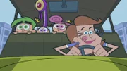 L-R: Cosmo, Poof, Squiggles, Wanda, Timmy als Mrs. Turner