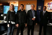 Eine seltsame Stimme führt eine Joggerin zu einer Leiche im Wald, doch das NCIS-Team (v.l.n.r.: Emily Wickersham, Wilmer Valderrama, Mark Harmon und Rocky Carroll) steht der Sachlage skeptisch gegenüber ...