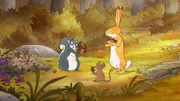 Das kleine Grauhörnchen hat eine Sammlung schöner Eicheln. Aber der kleine Hase hätte auch gerne seine eigene Sammlung.