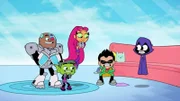 v.li.: Cyborg, Beast Boy, Starfire, Robin, Raven