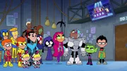 Raven (m.), Starfire (4.v.r.), Cyborg (3.v.r.), Beast Boy (2.v.r.), Robin (r.)