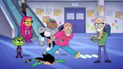 Vorne, v.li.: Beast Boy, Starfire, Robin, Cyborg, Raven, George Pérez, Marv Wolfman