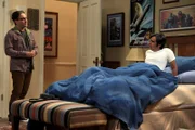 Raj (Kunal Nayyar, r.) ist genervt von dem nächtlichen Lautstärkepegel, den Leonard (Johnny Galecki, l.) und Priya verursachen. Leonard bietet ihm an, sein Zimmer bei Sheldon zu beziehen, dann hätte Raj seine Ruhe und das Paar wäre ungestört ...
