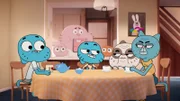 vorne, v.li.: Nicole, Gumball, Daniel, Mary