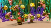 Unten, v.li.: Mr. Krabs, SpongeBob, Sandy, Patrick