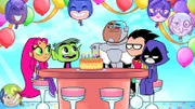 v.li.: Starfire, Beast Boy, Cyborg, Robin, Raven