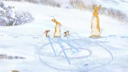 Beim Schneeball-Weitwerfen gewinnt der kleine Hase immer gegen die Mäuse.