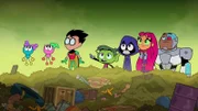 v.li.: Polly, Tara, Robin, Beast Boy, Raven, Starfire, Cyborg