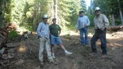 Cody Evans, Ron Daniels, Yosemite Sam and a crew member in the sequoia forest.