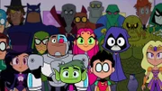 Mitte, v.li.: Cyborg, Beast Boy, Starfire, Robin, Raven