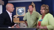 Host Anthony Melchiorri reveals the new reservation system to Tammy and Terry Bork in the lobby of the Beachfront Inn, Bailey's Harbow, WI, as seen on Travel Channel's Hotel Impossible.