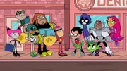v.li.: Jinx, Gizmo, See-More, Mammoth, Billy Numerous, Robin, Raven, Beast Boy, Cyborg, Starfire