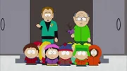 Hinter, l-r: Dr. Tristan Adams, Mr. Garrison. Vorne, l-r: Clyde, Bebe, Wendy, Stan, Kyle, Kenny