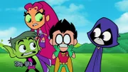 v.li.: Beast Boy, Starfire, Robin, Raven