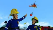 Fireman Sam and fireman Elvis Cridlington helped by the helicopter