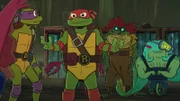 v.li.: Donatello, Raphael, Leatherhead, Ray Fillet