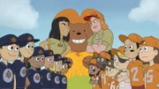 Hinter, v.li.: Ranger Zhao, Grizzly Bear, Dana Tabes