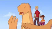 Dinosaurier Tom transportiert seine Freunde Tip und Wanda auf seiner linken Pfote.