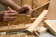 Joinery workshop with wood tools - closeup