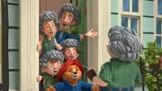 L-R: Mrs. Brown, Jonathan Brown, Mr. Brown, Judy Brown, Paddington, Mrs. Bird