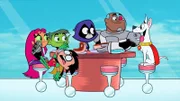 v.li.: Starfire, Beast Boy, Robin, Raven, Cyborg, Krypto