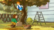Laura und Tommy pflücken Äpfel in Tante Karins Garten.