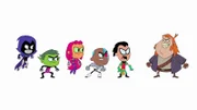v.li.: Raven, Beast Boy, Starfire, Cyborg, Robin, Control Freak.