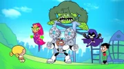 hinter, v.li.: Starfire, Cyborg, Beast Boy, Raven, Robin.