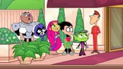 v.li.: Cyborg, Raven, Starfire, Robin, Beast Boy, Doorman