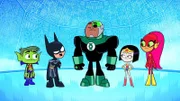 v.li.: Beast Boy, Robin, Cyborg, Raven, Starfire